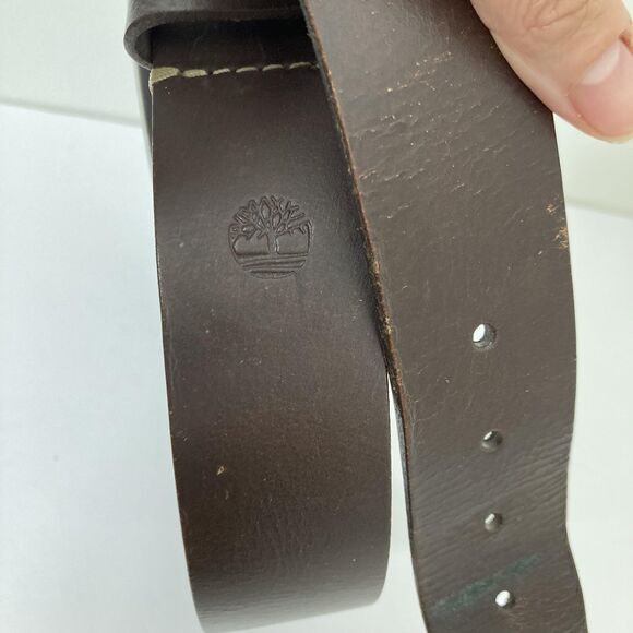 Timberland Leather Belt Mens 32 Brown Antique Brass Buckle Tree Logo Casual - Picture 7 of 14